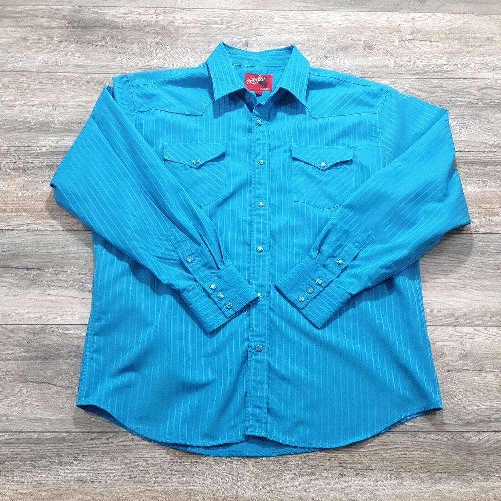 Rodeo Clothing Company Mens 2XL Teal Blue Pearl Snap Long Sleeve Shirt Cowboy